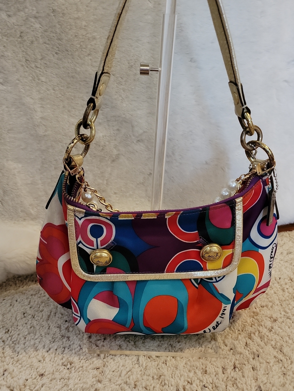 Coach Poppy Multicolor Graffiti MPrint Shoulder Bag with Gold Trim.